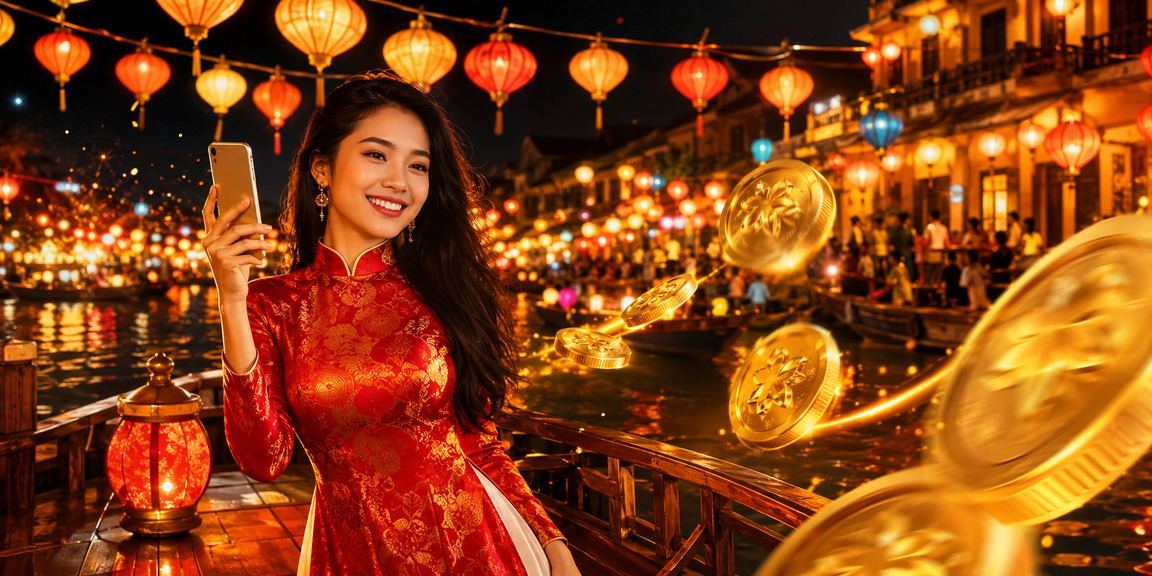 Người dùng mặc áo dài trải nghiệm casino live trên điện thoại tại Hội An